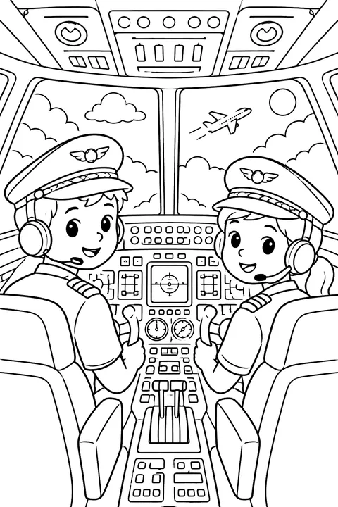 Airplane cockpit with pilots coloring page