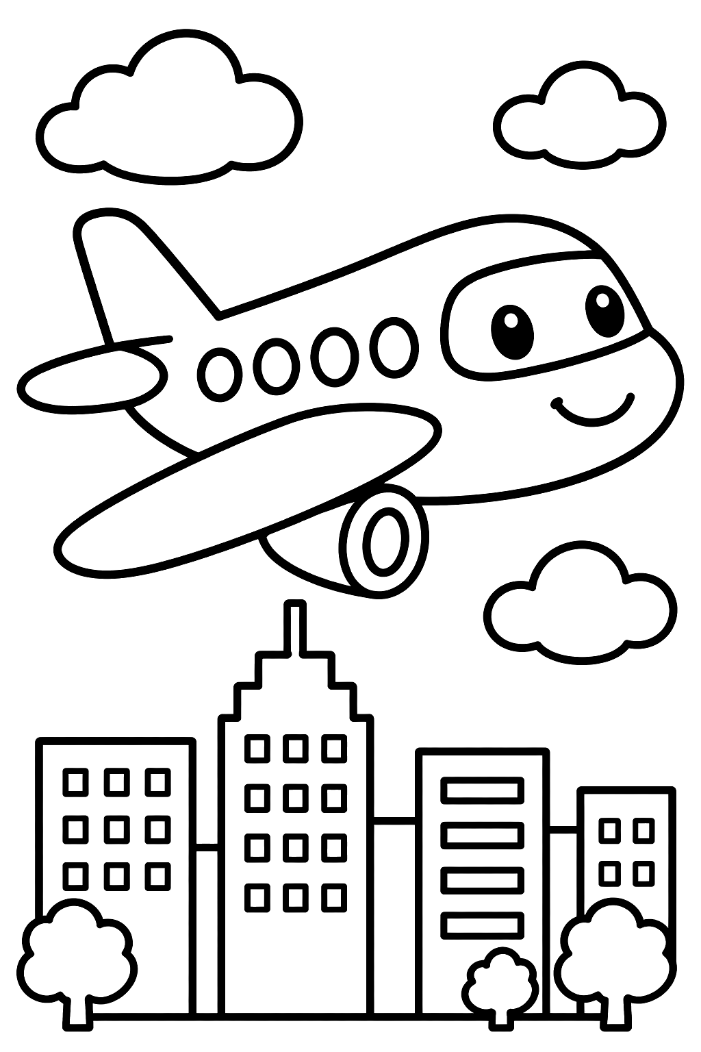 Airplane flying over the city coloring page