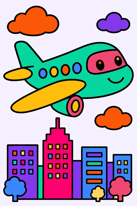Airplane flying over the city coloring page