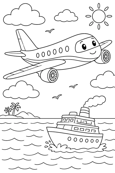 Airplane flying over the ocean with a ship below coloring page