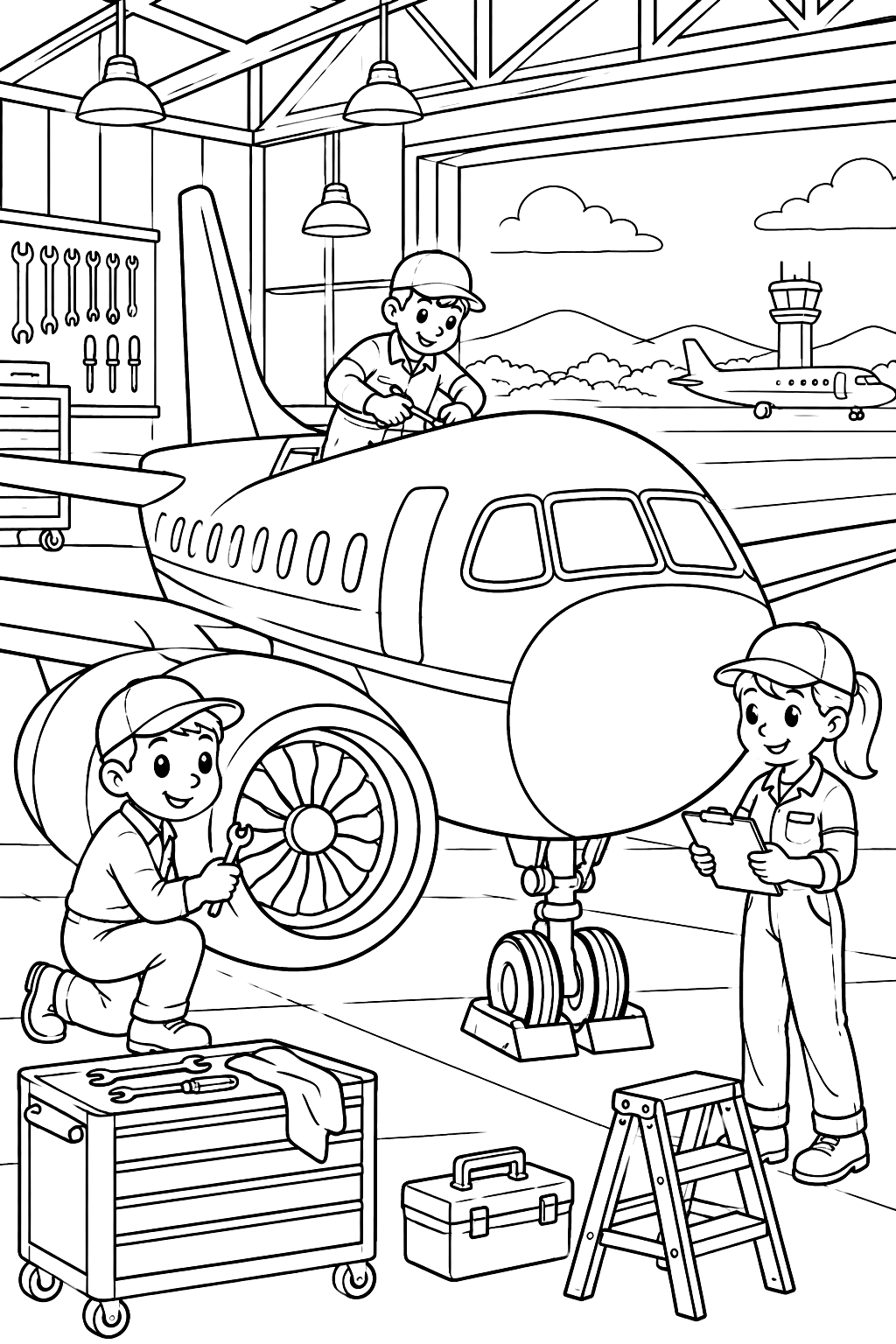 Airplane hangar with mechanics coloring page