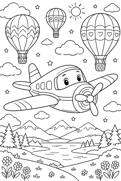 Airplane and hot air balloons coloring page