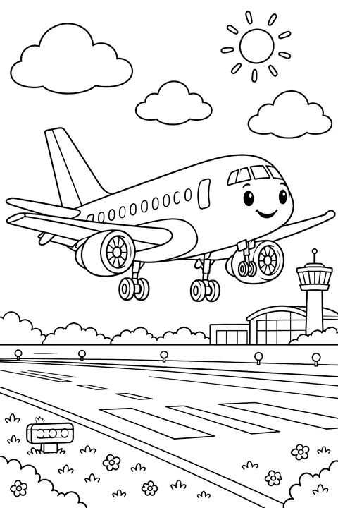 Airplane landing at an airport coloring page