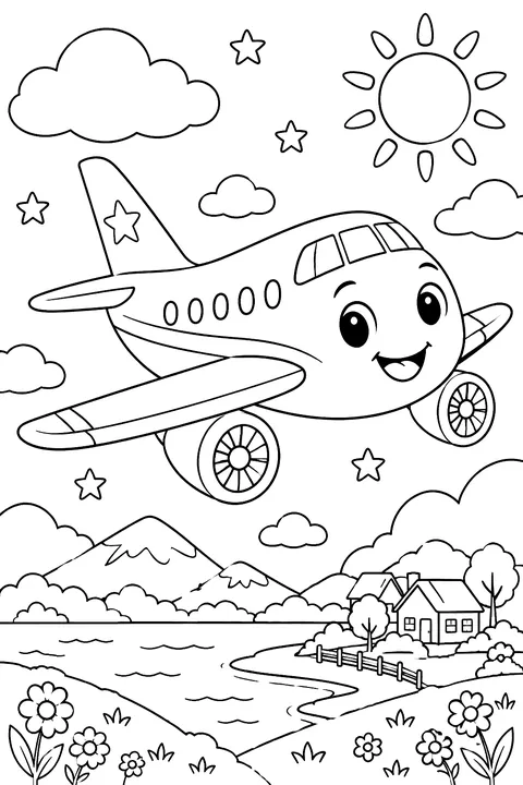 Airplane with a smiling face coloring page