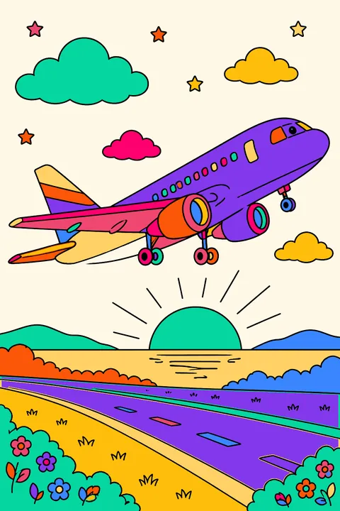 Airplane taking off at sunset coloring page