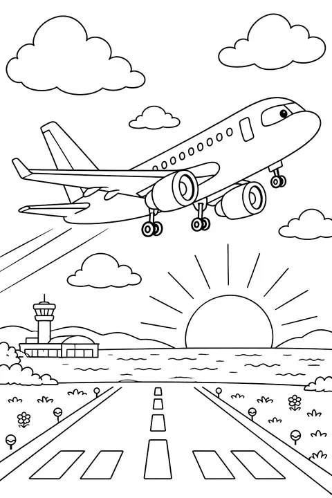 Airplane taking off at sunset coloring page