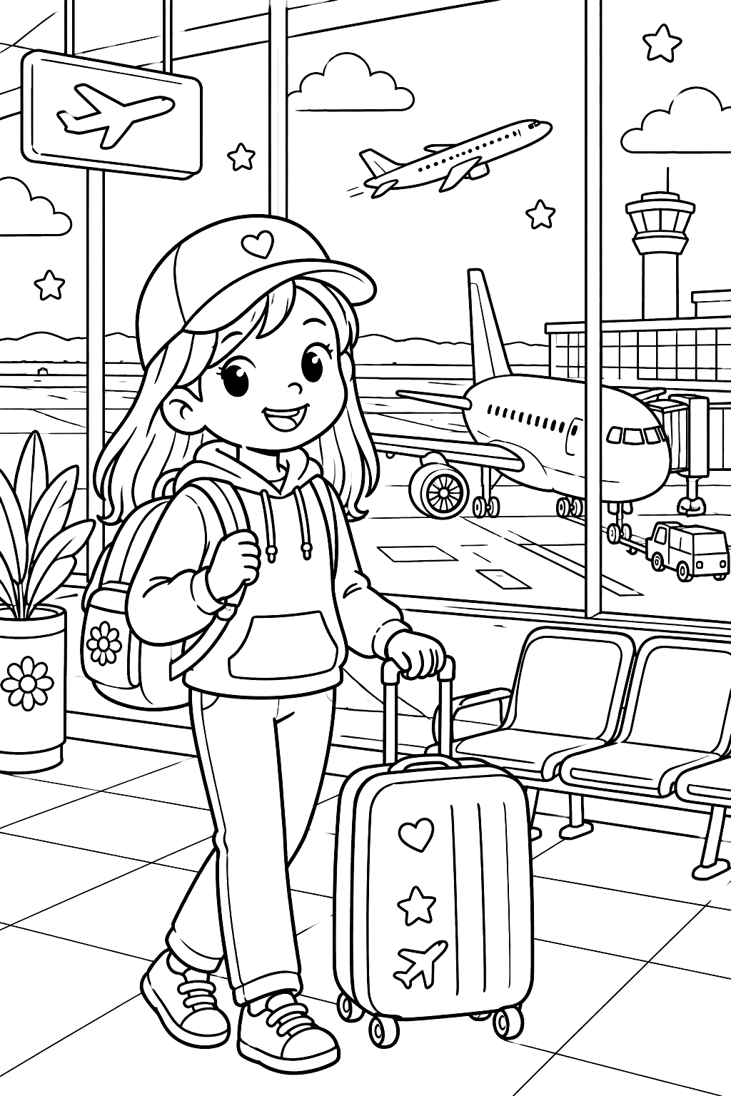 Airport terminal with planes coloring page
