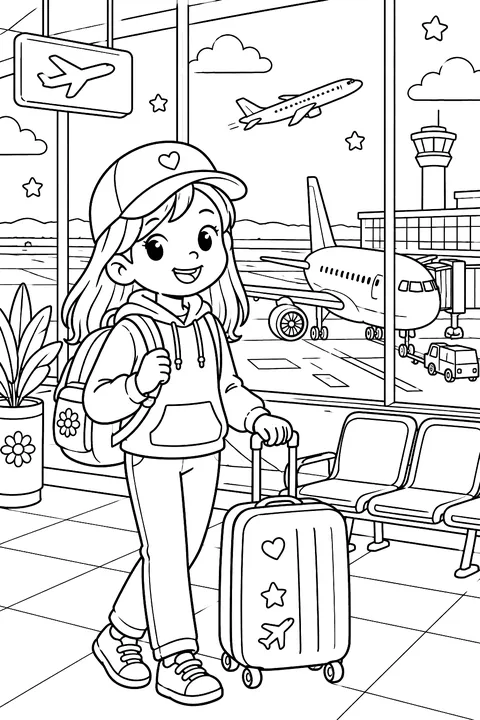 Airport terminal with planes coloring page
