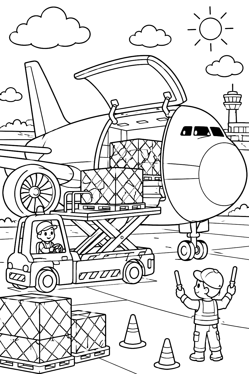 Cargo plane being loaded coloring page