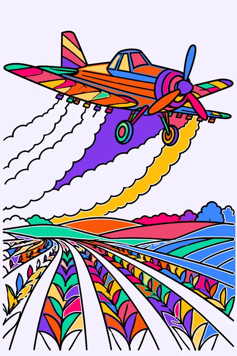 Crop duster over fields coloring page
