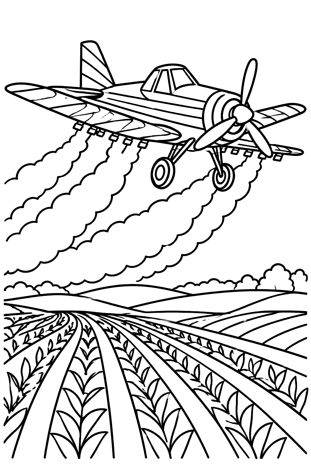 Crop duster over fields coloring page
