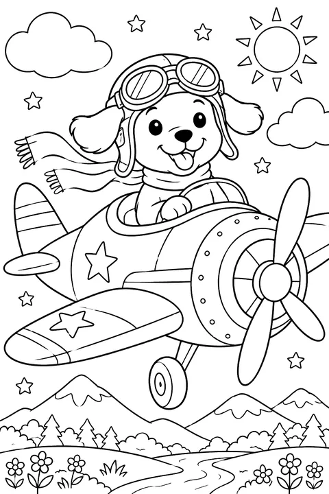 Dog pilot in goggles coloring page