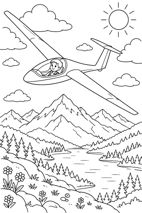 Glider soaring over mountains coloring page