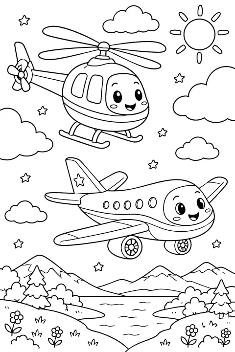 Helicopter and airplane in the sky coloring page