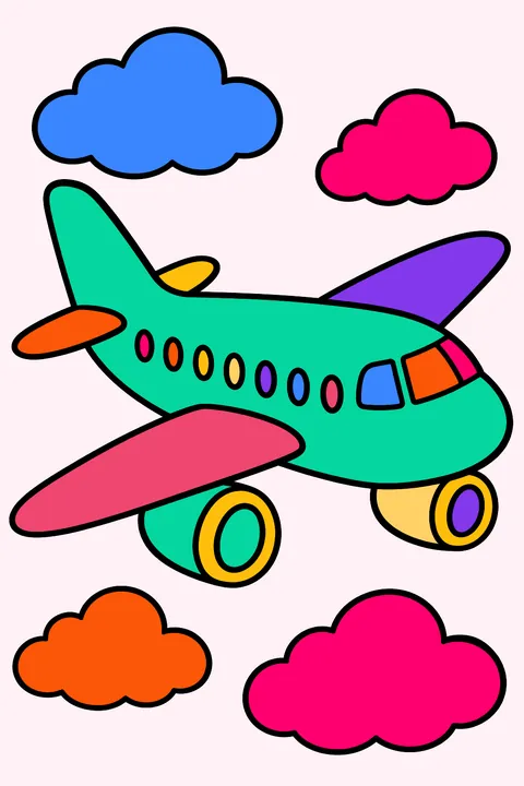 Jet airliner with windows, engines and clouds coloring page