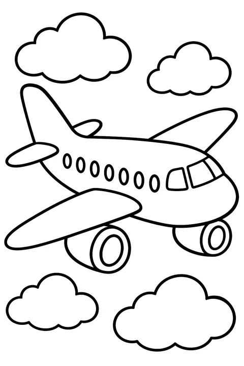 Jet airliner with windows, engines and clouds coloring page
