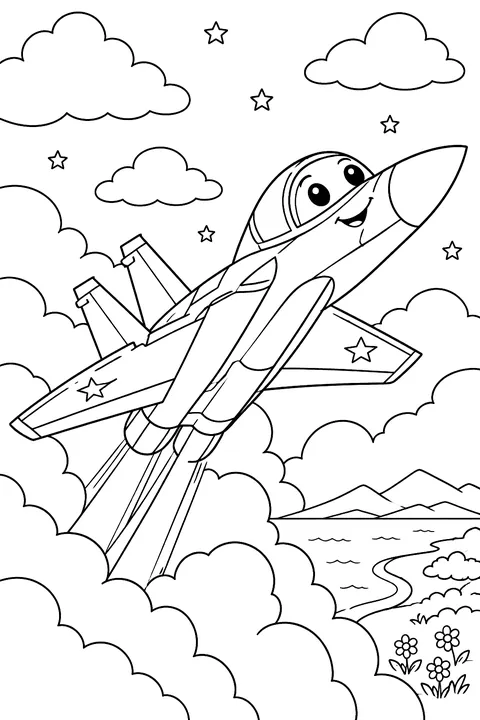 Jet breaking through clouds coloring page