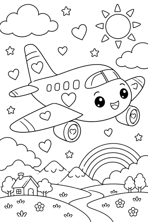 Kawaii airplane with hearts coloring page