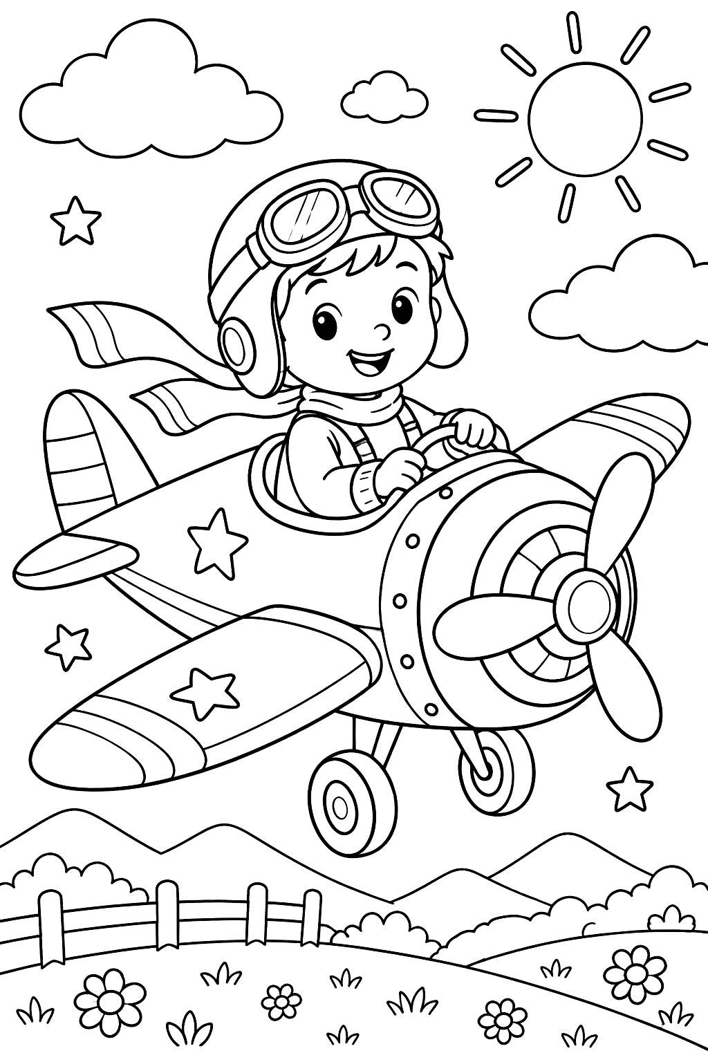 Kid pilot in a toy airplane coloring page
