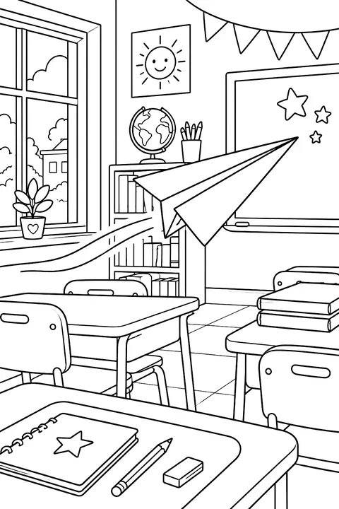 Paper airplane flying through a classroom coloring page