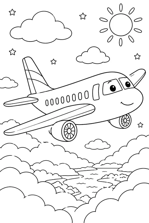 Passenger airplane flying above clouds coloring page
