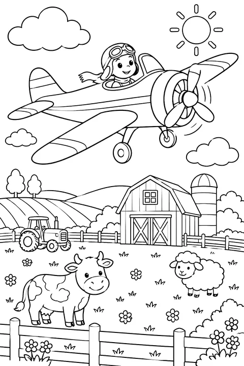 Propeller plane over a farm coloring page