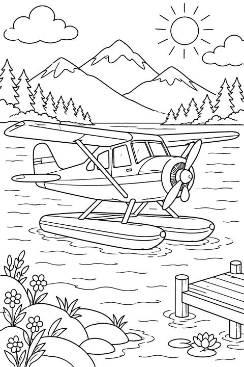 Seaplane on a lake coloring page