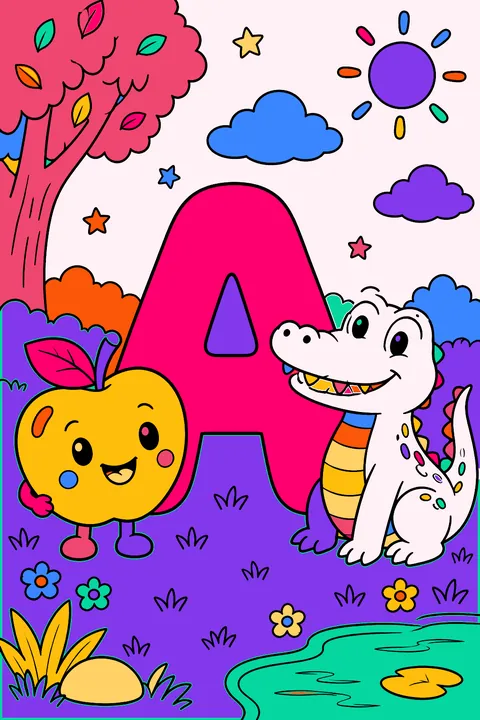 Big bubble letter a with a smiling apple and an alligator beside it coloring page