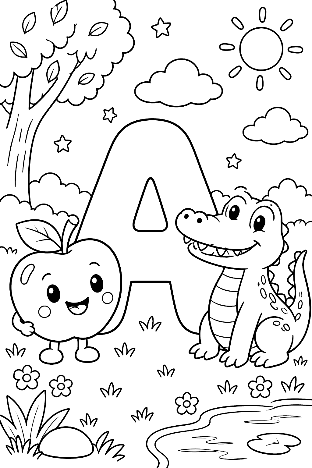 Big bubble letter a with a smiling apple and an alligator beside it coloring page