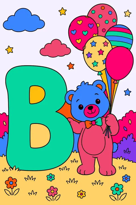 Big bubble letter b with a bear holding a bunch of balloons coloring page