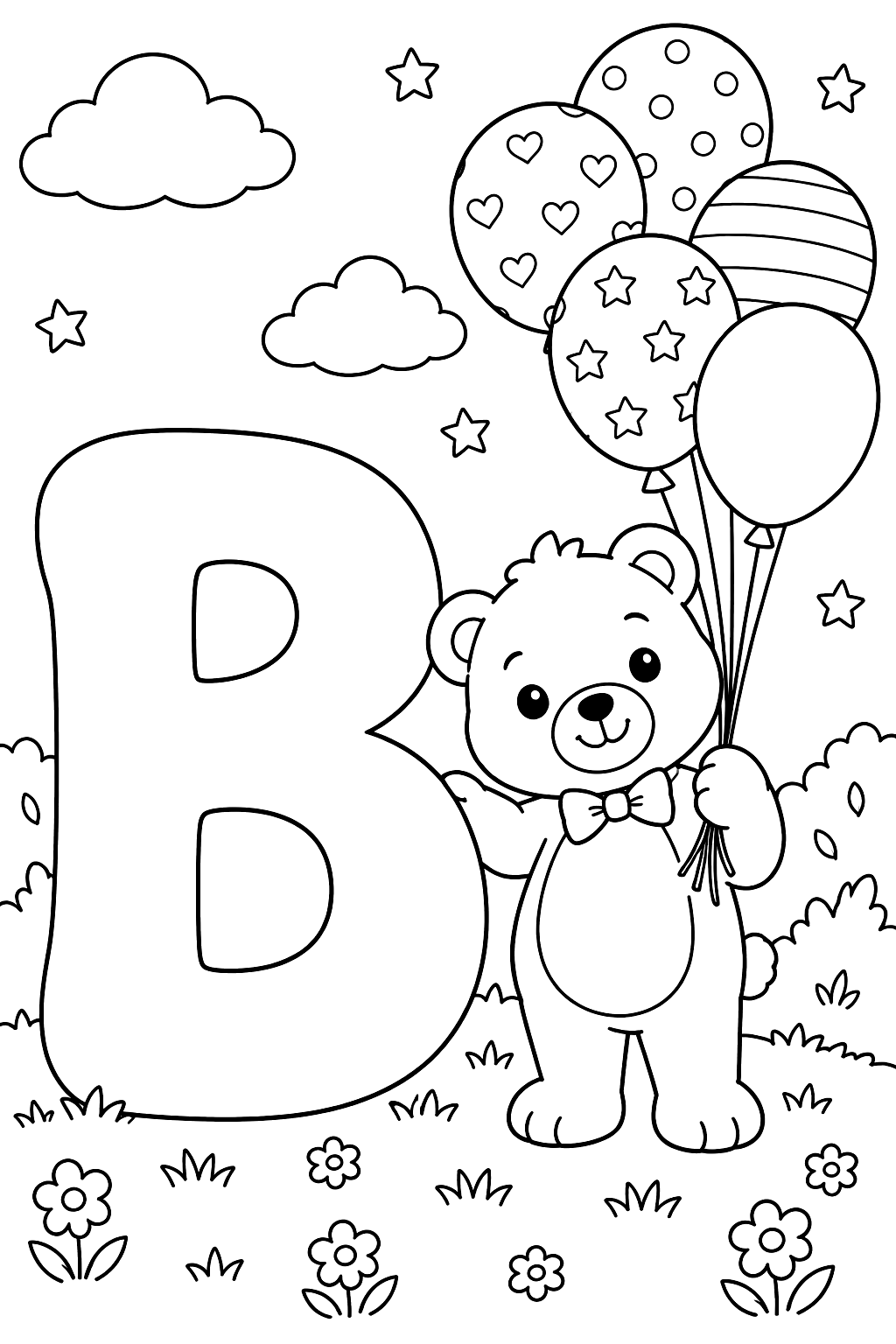 Big bubble letter b with a bear holding a bunch of balloons coloring page