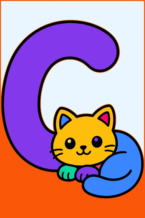 Big bubble letter c with a cute cat curled up beside it coloring page