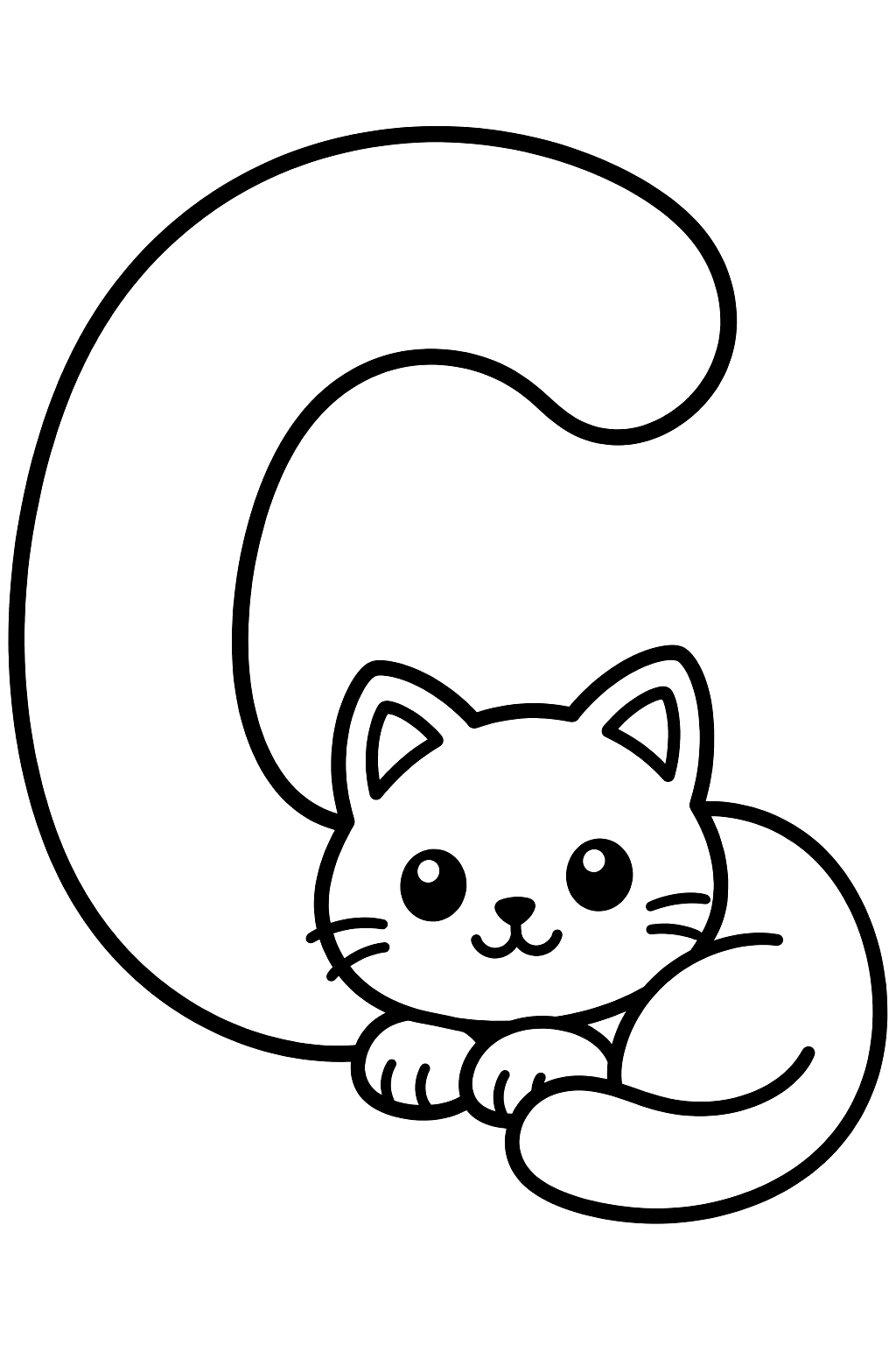 Big bubble letter c with a cute cat curled up beside it coloring page