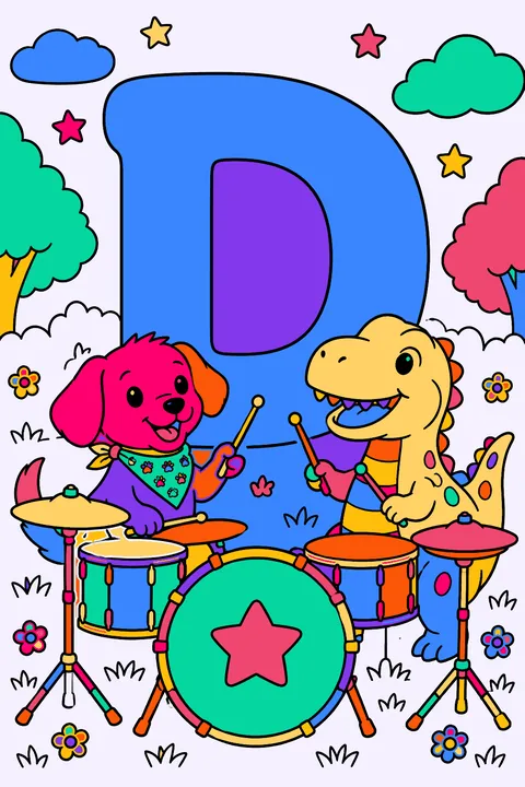 Big bubble letter d with a dog and a dinosaur playing drums coloring page