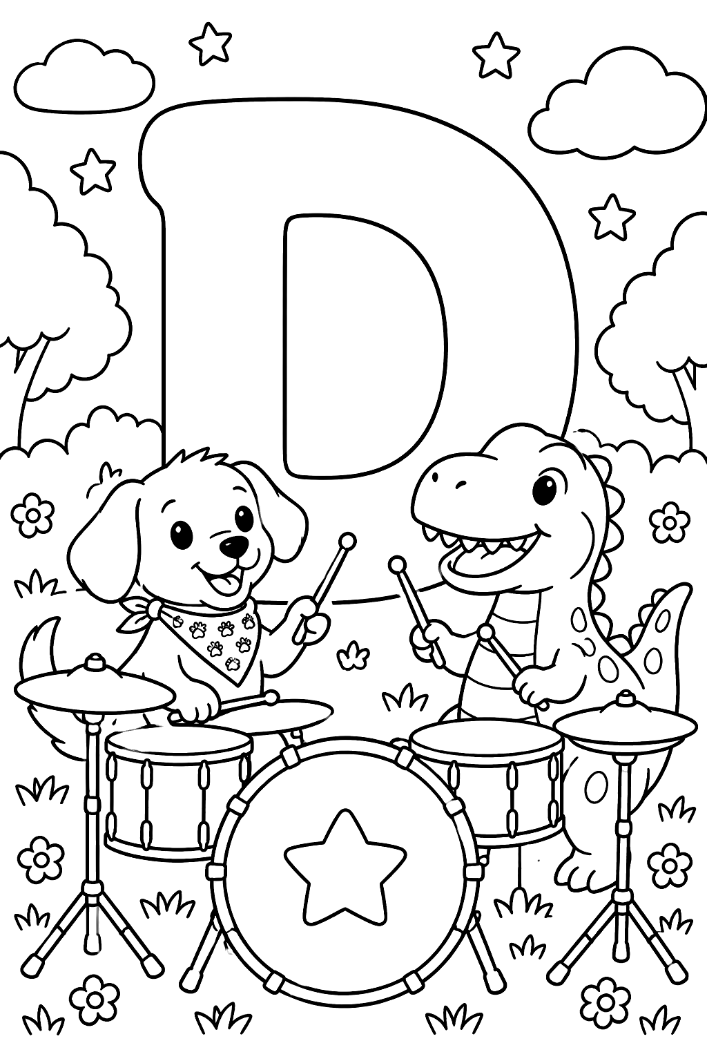 Big bubble letter d with a dog and a dinosaur playing drums coloring page