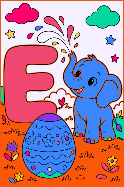 Big bubble letter e with an elephant spraying water near a big egg coloring page
