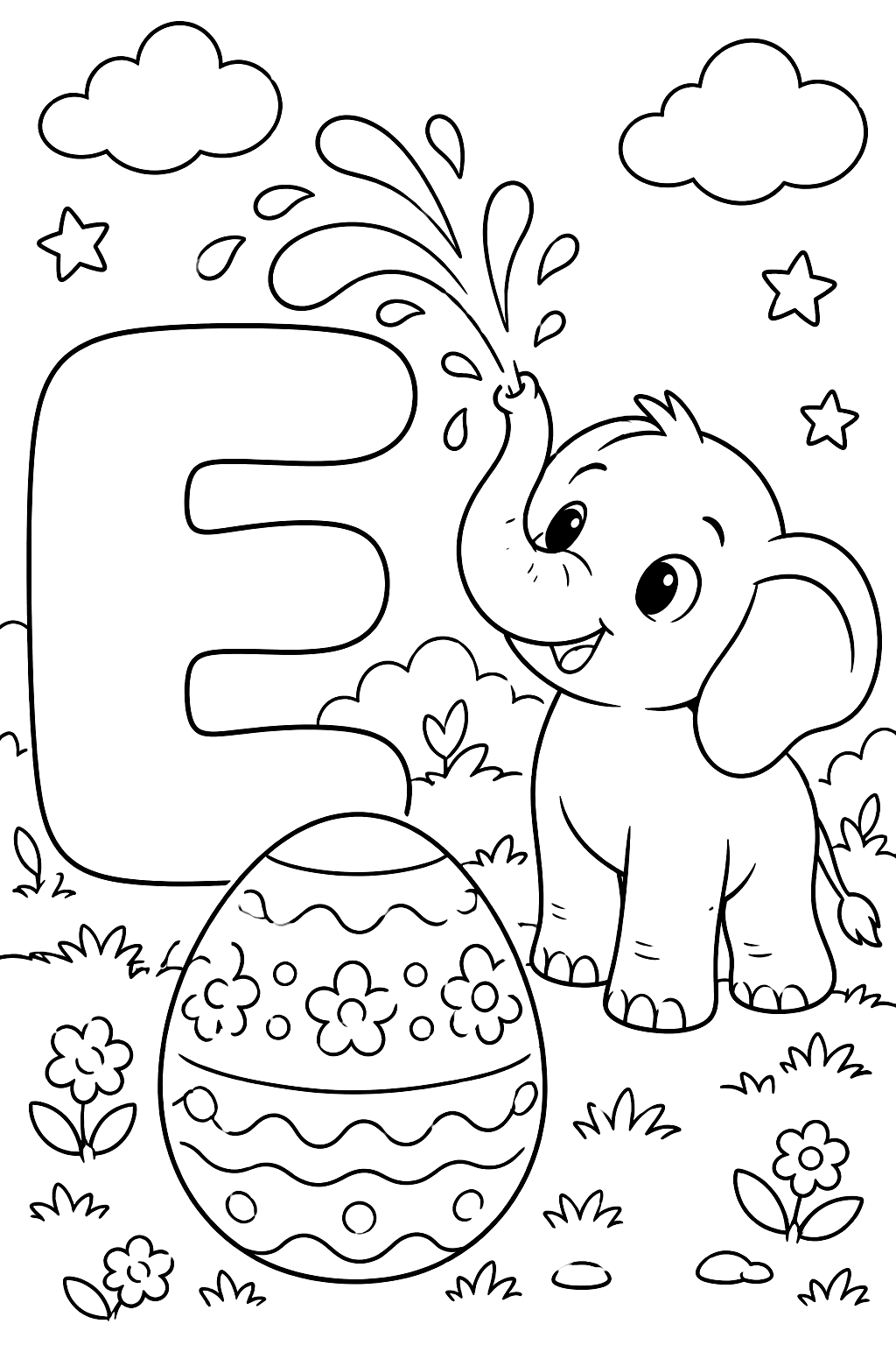Big bubble letter e with an elephant spraying water near a big egg coloring page
