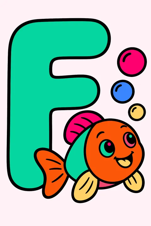 Big bubble letter f with a happy fish blowing bubbles beside it coloring page
