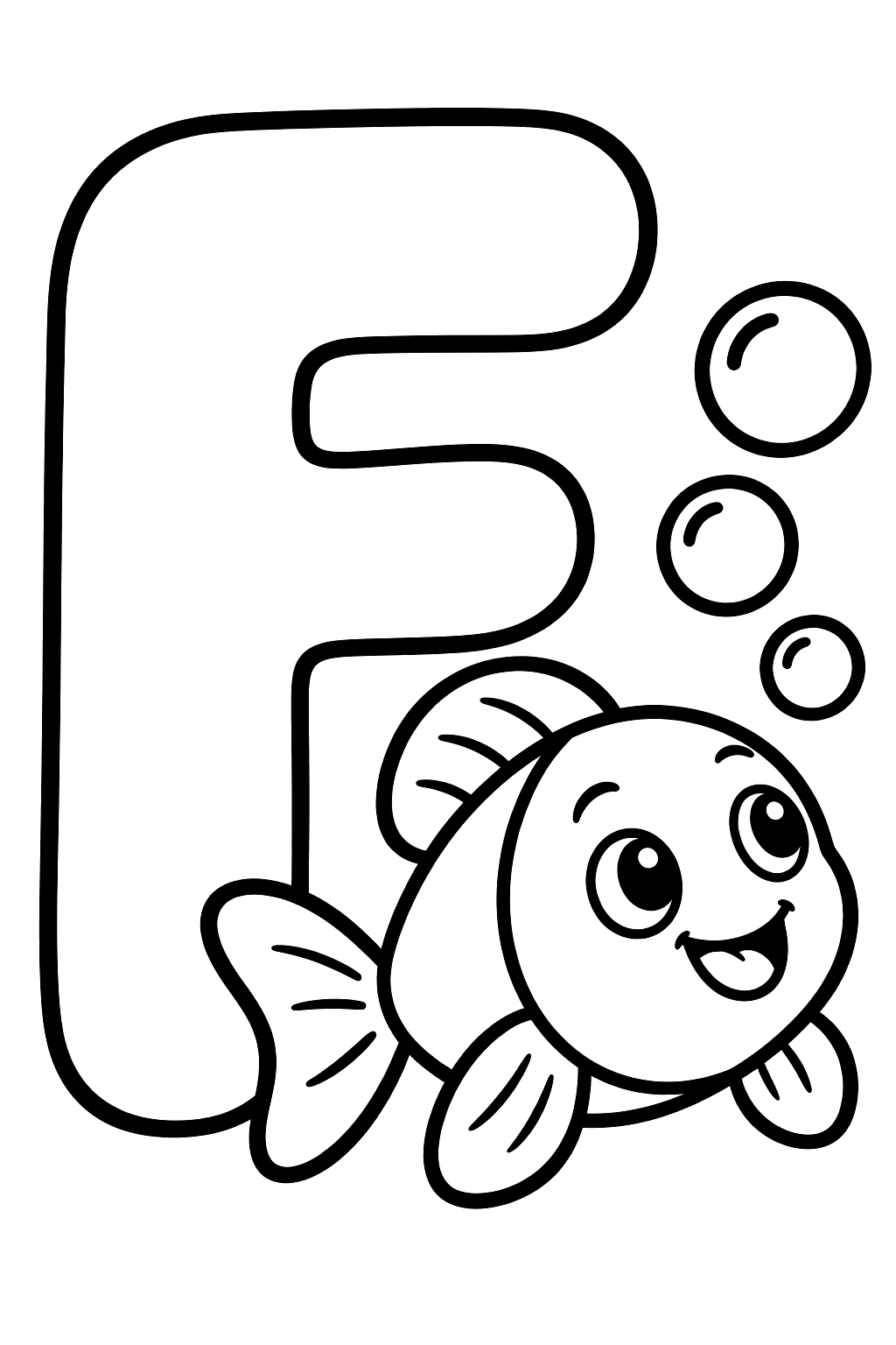 Big bubble letter f with a happy fish blowing bubbles beside it coloring page