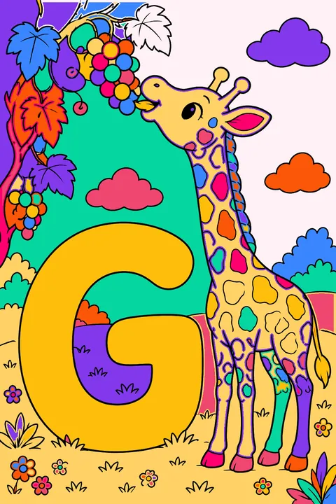 Big bubble letter g with a giraffe eating grapes from a vine coloring page