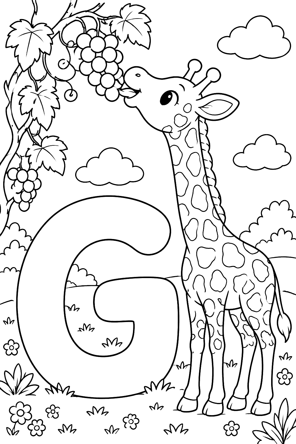 Big bubble letter g with a giraffe eating grapes from a vine coloring page