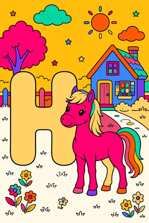 Big bubble letter h with a horse standing next to a little house coloring page