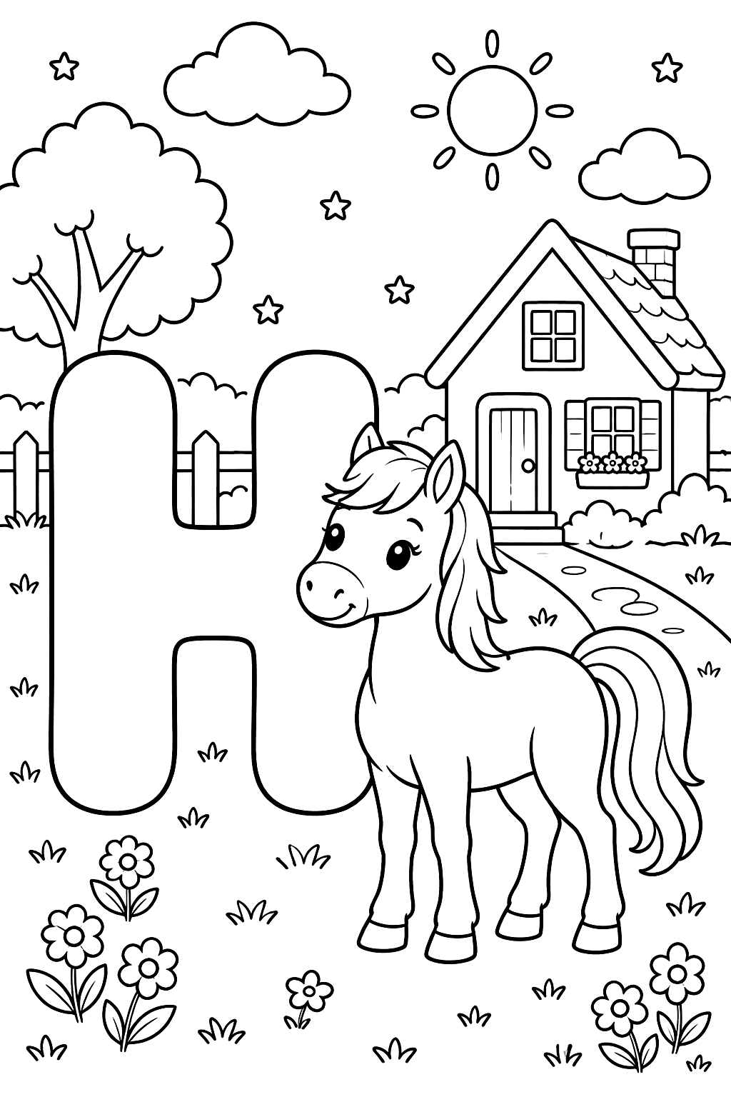 Big bubble letter h with a horse standing next to a little house coloring page