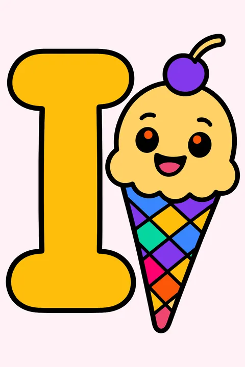 Big bubble letter i with a smiling ice cream cone beside it coloring page