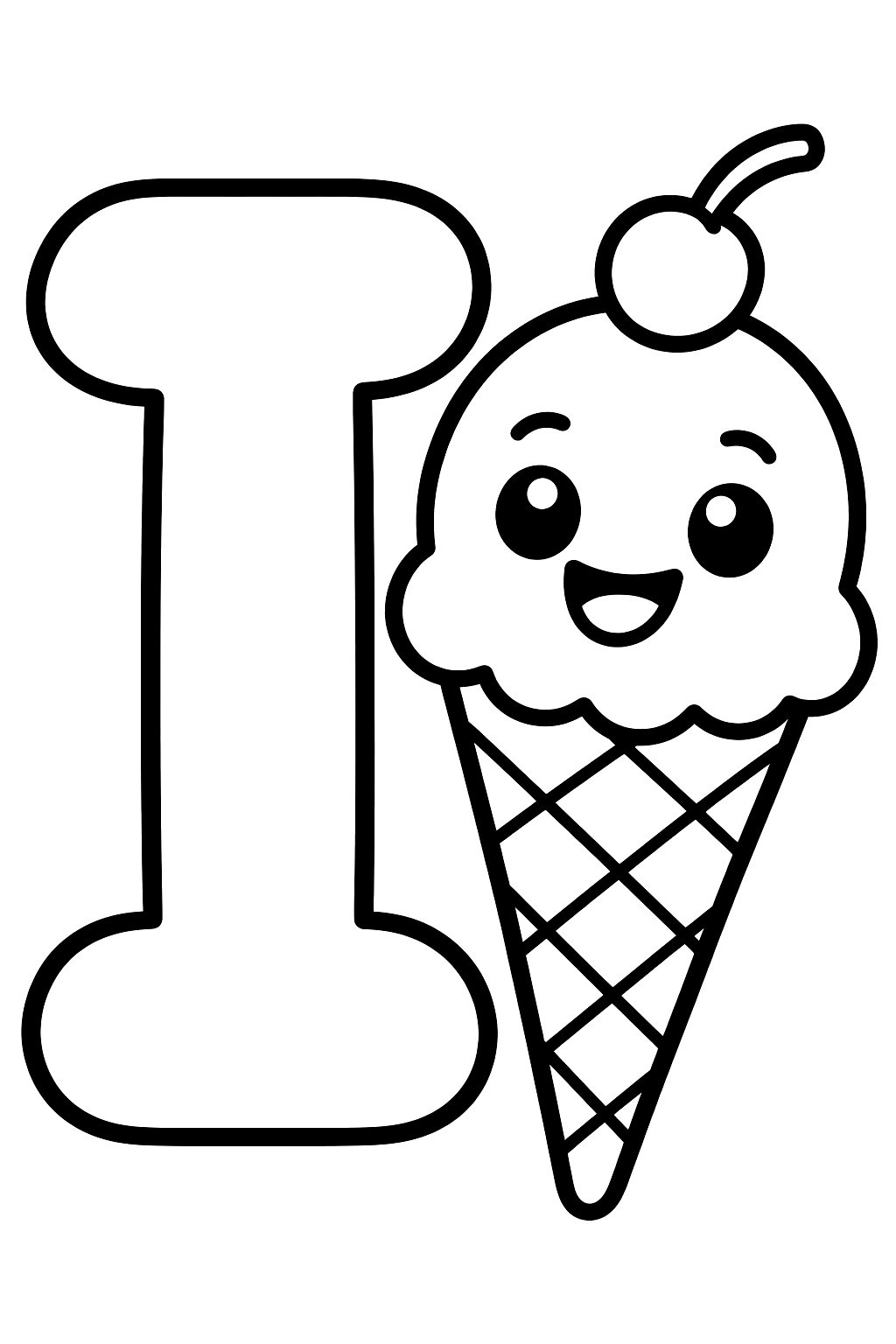 Big bubble letter i with a smiling ice cream cone beside it coloring page