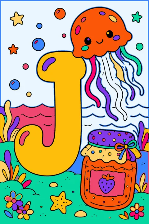 Big bubble letter j with a jellyfish and a jar of jam coloring page
