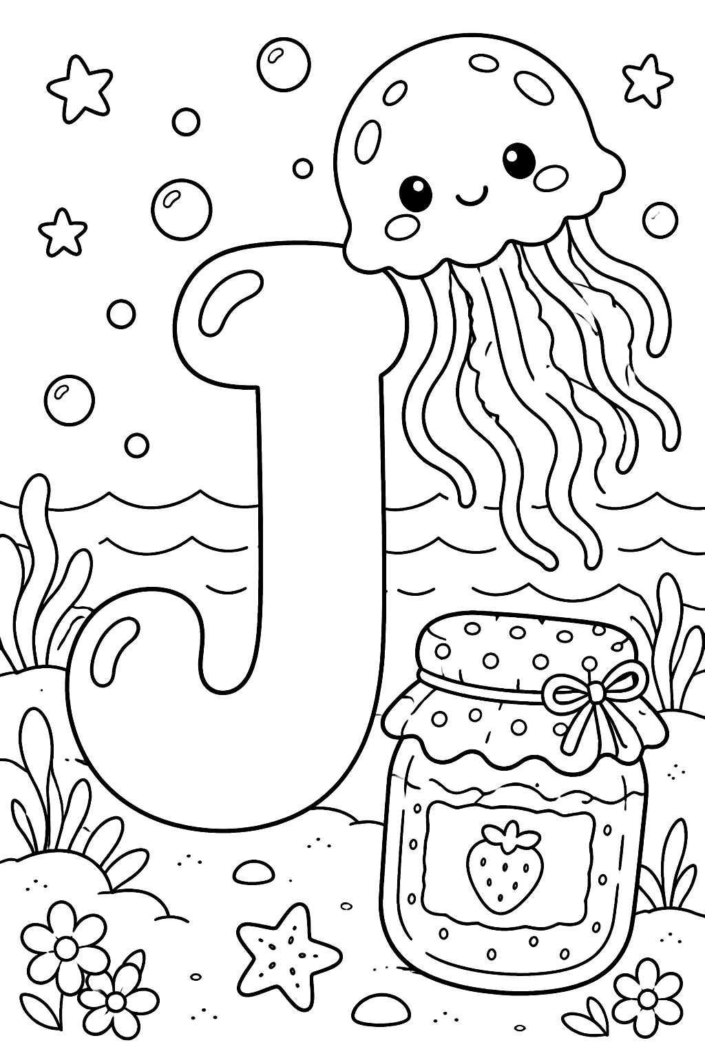 Big bubble letter j with a jellyfish and a jar of jam coloring page