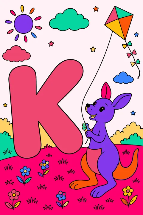 Big bubble letter k with a kangaroo flying a kite coloring page