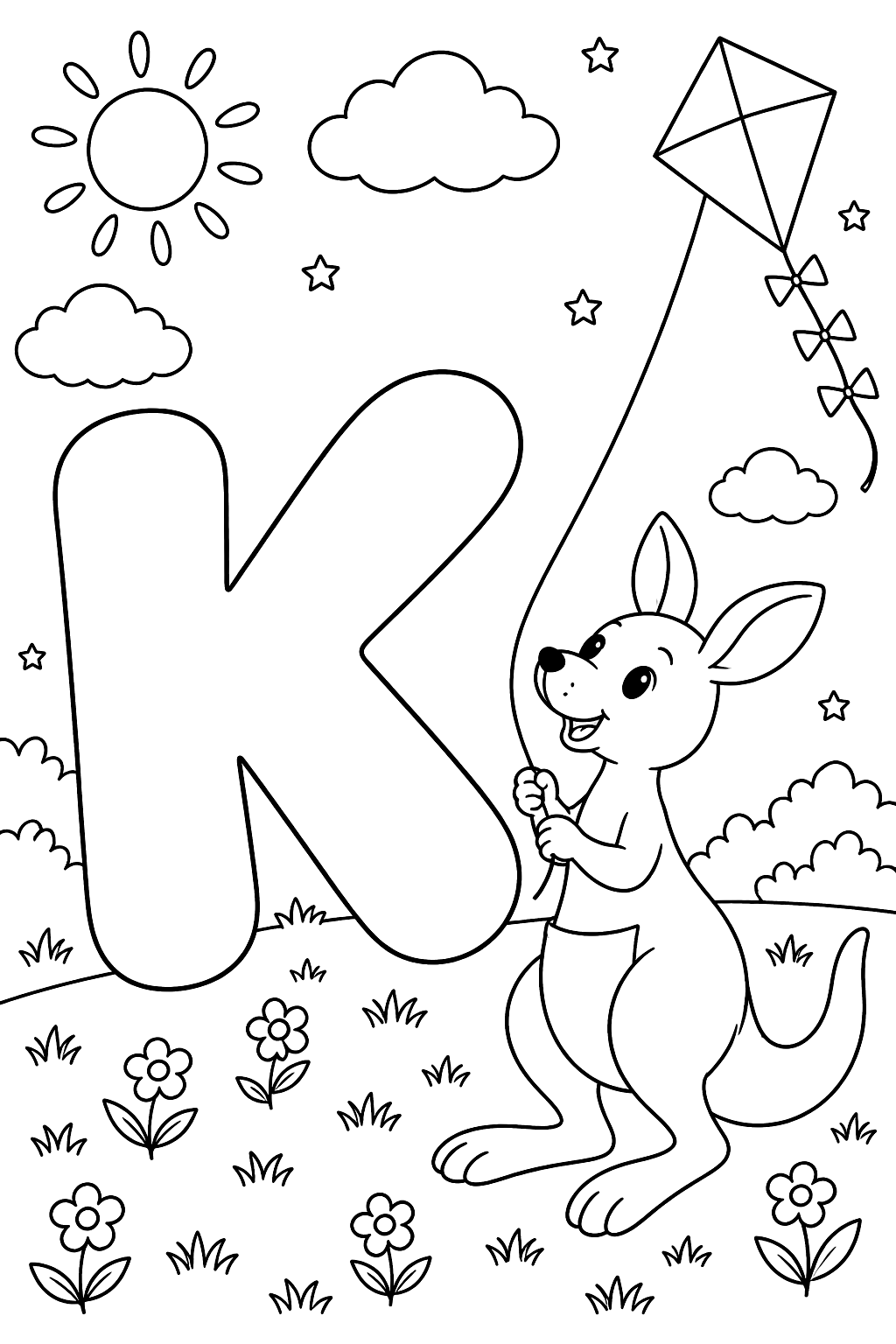 Big bubble letter k with a kangaroo flying a kite coloring page