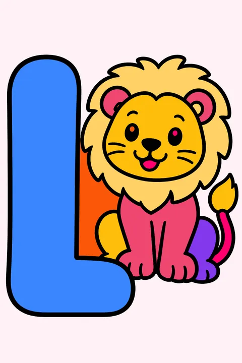 Big bubble letter l with a friendly lion sitting beside it coloring page